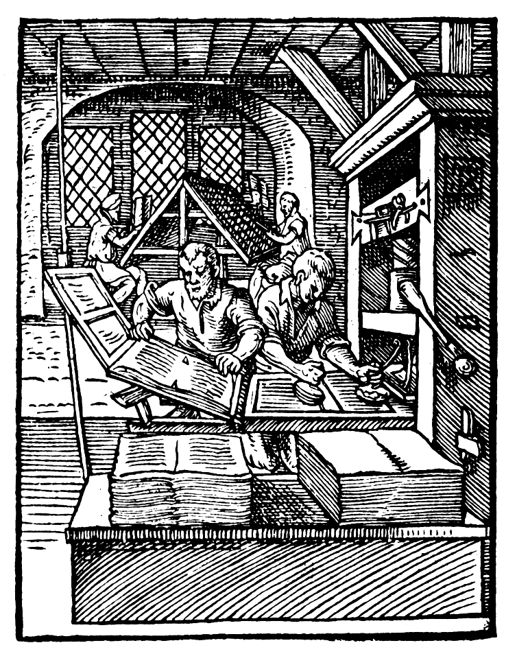 Gravure van een drukkerij met letterzetten, een pers en gedrukte vellen