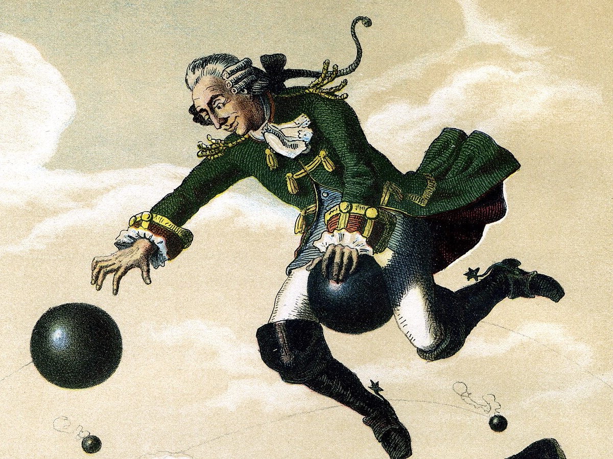 Baron Münchhausen op een kanonskogel, een gravure van August von Wille