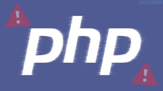 PHP-Logo auf blauem Hintergrund mit Warnsymbolen