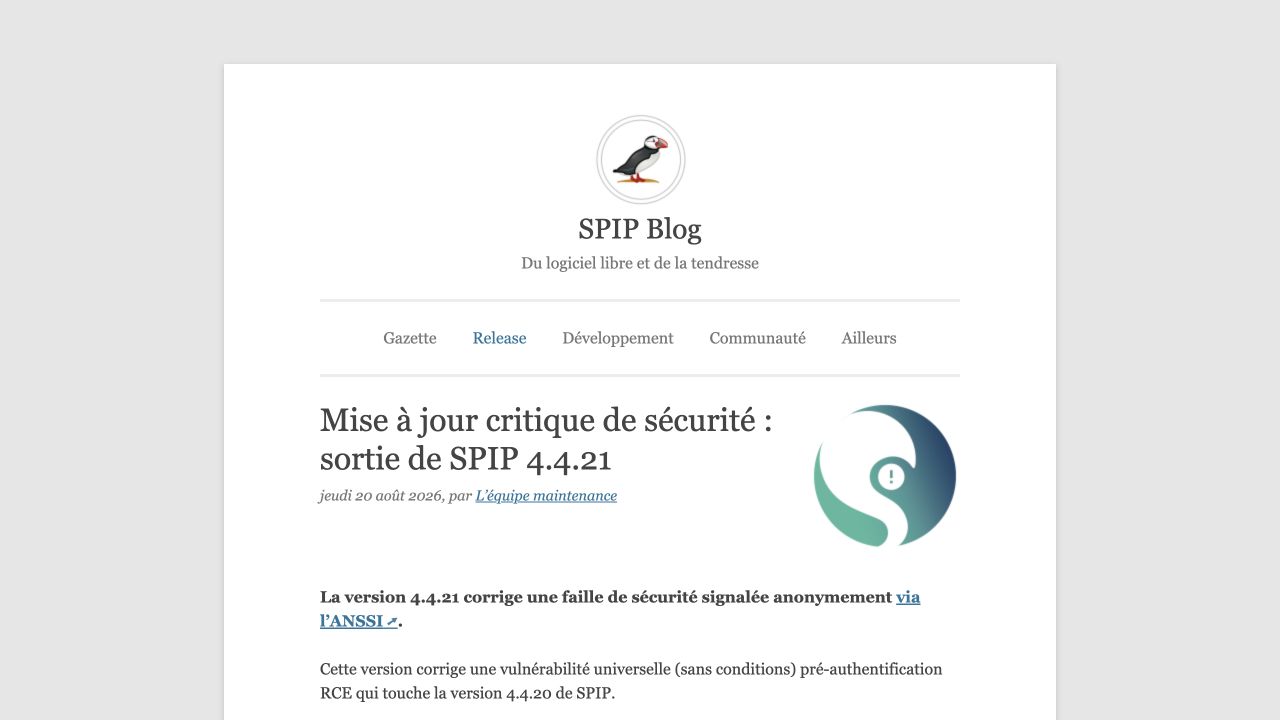 Screenshot of the official SPIP Blog announcement for the SPIP 4.4.21 security update