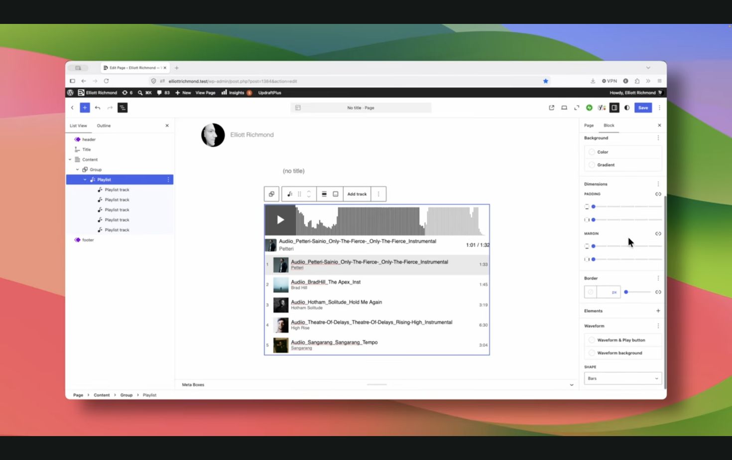 Der native Playlist-Block mit Audio-Wellenform im Editor von WordPress 7.1